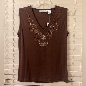 Allyson Whitmore Women’s Small Brown Beaded Sleeveless Tank Top V-Neck Blouse